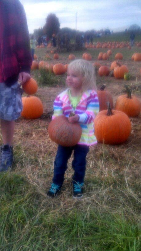 My granddaughter and her first pumpkin patch