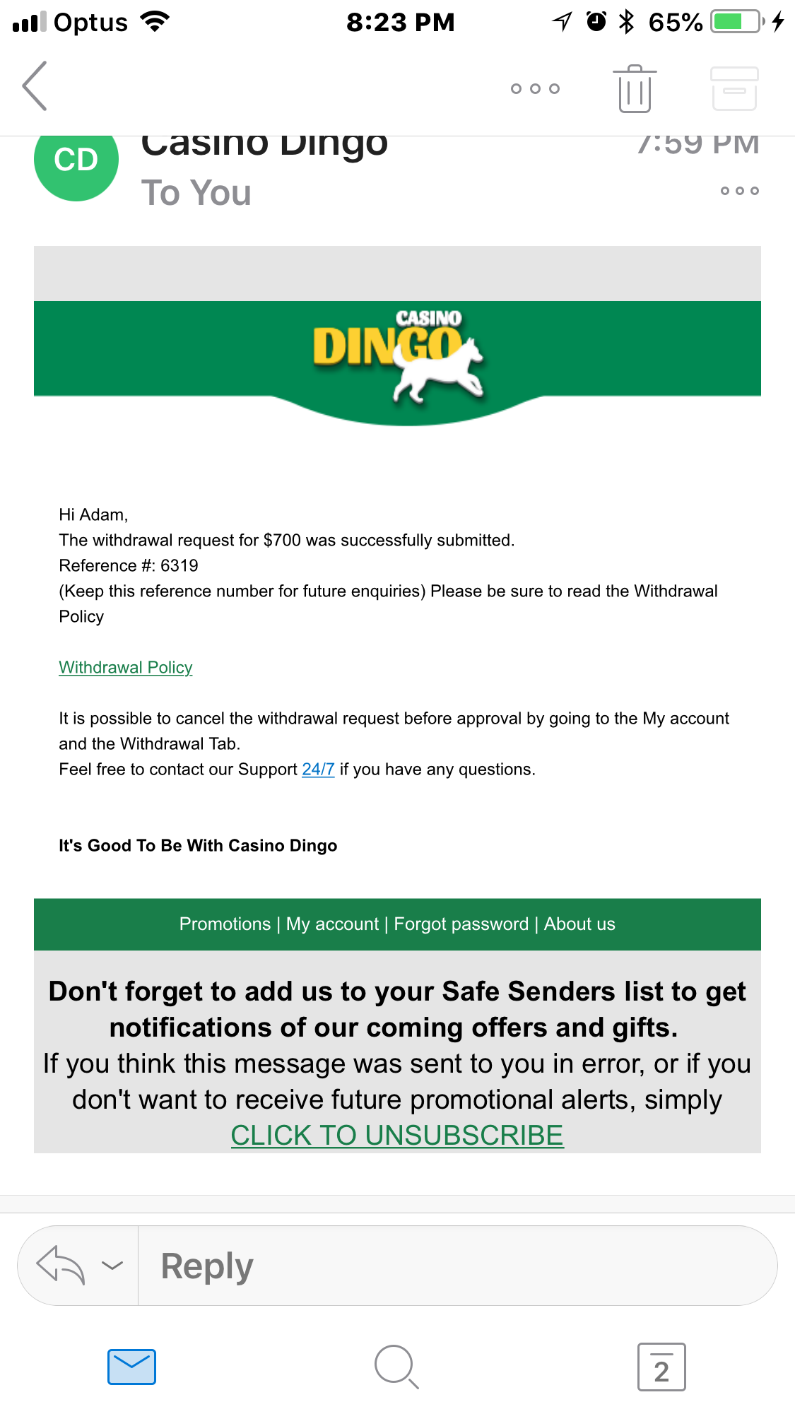 The email from casino dingo