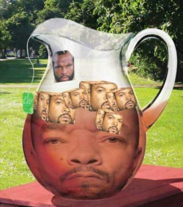 some ice t, with ice cubes, and a packet of mr. t 