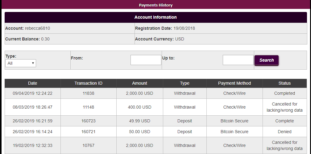 Screenshot of HMC account history