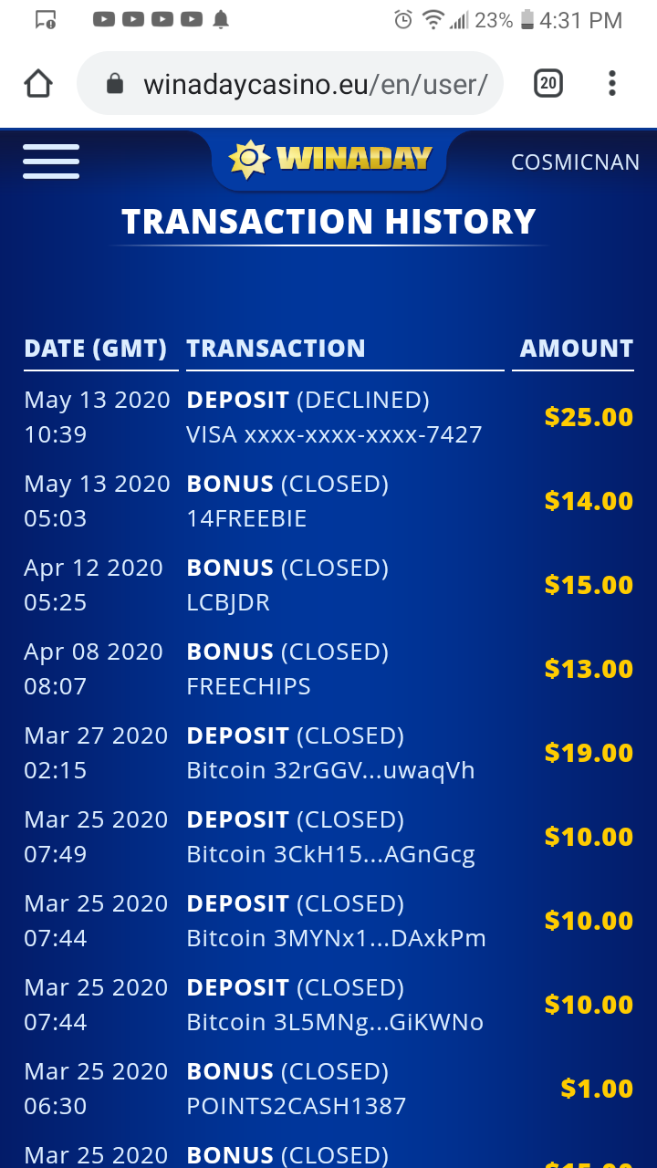 Deposit history winaday