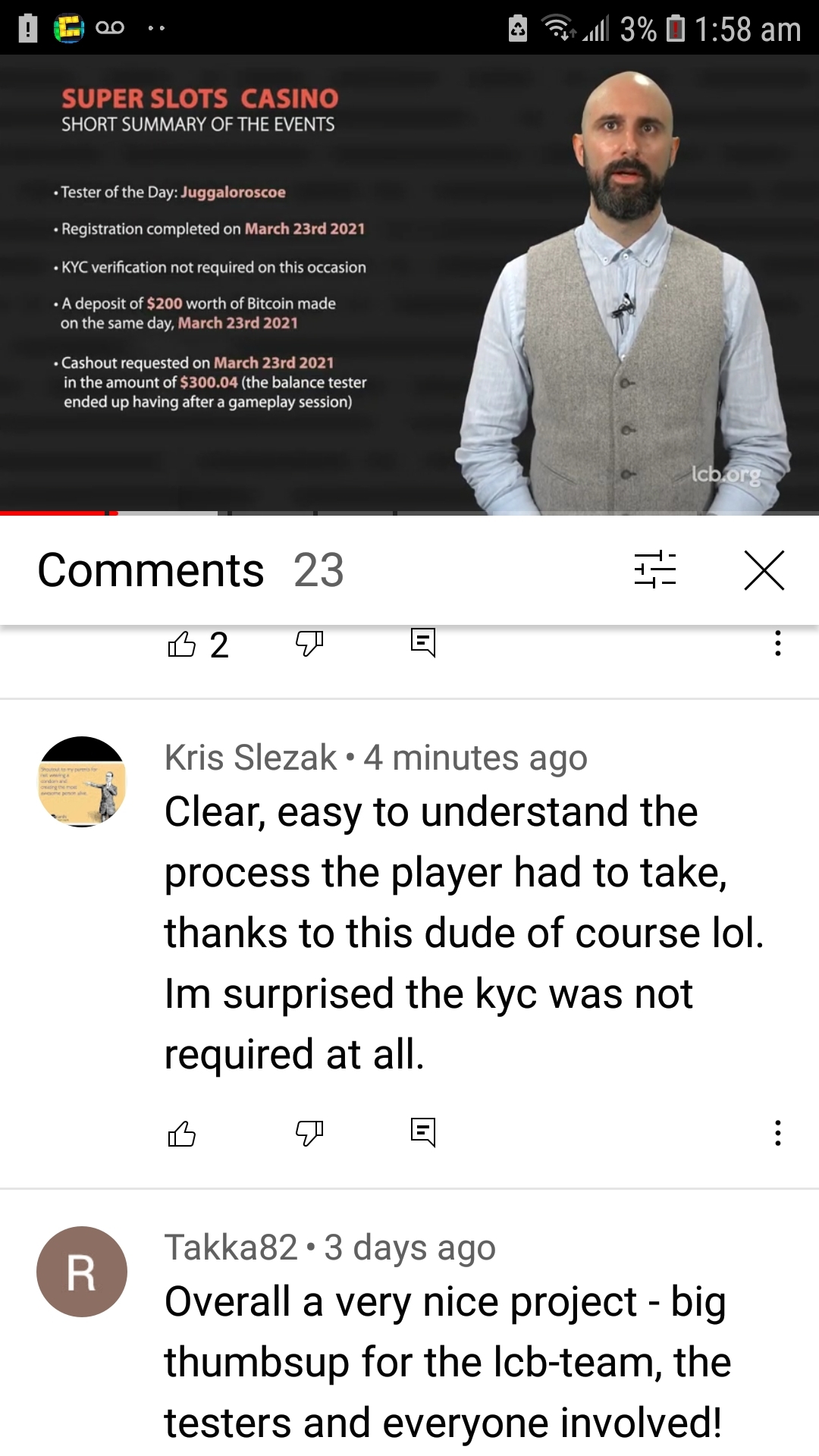 Screenshot of Super Slots video review and my comment a