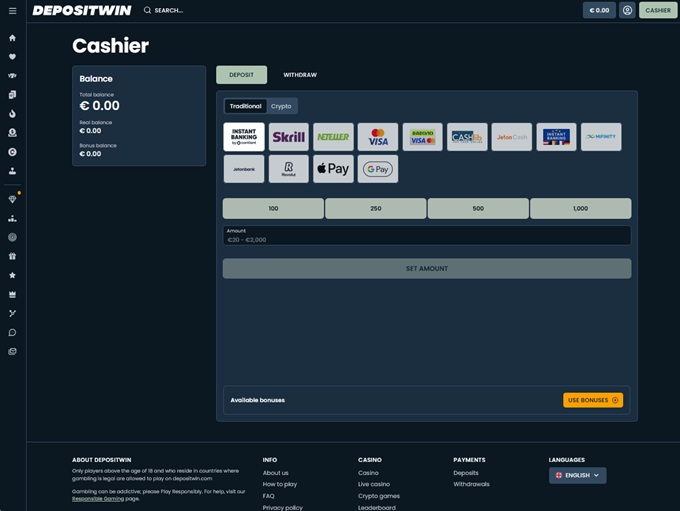 DepositWin Casino 07.10.2025. Cashier