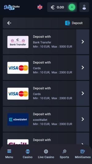 MyStake Casino Mobile Banking Interface