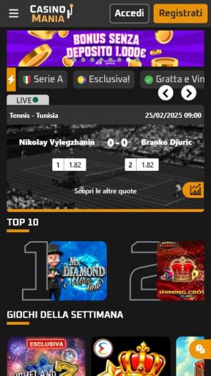 Schermata mobile di Casinomania