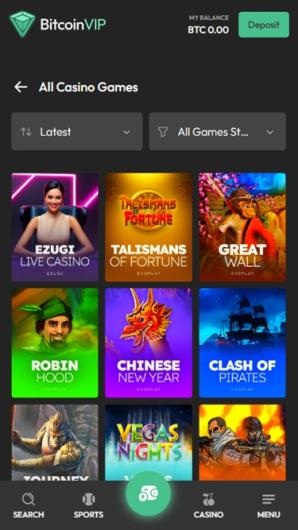 BitcoinVIP Casino Mobile Lobby Interface