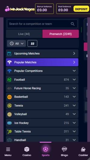 MrJackVegas Sports Lobby mobile