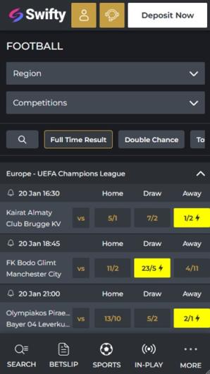 Swifty Sports Sportbook Lobby mobile