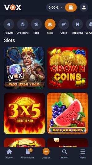 Ekran lobby Vox Casino na telefonie