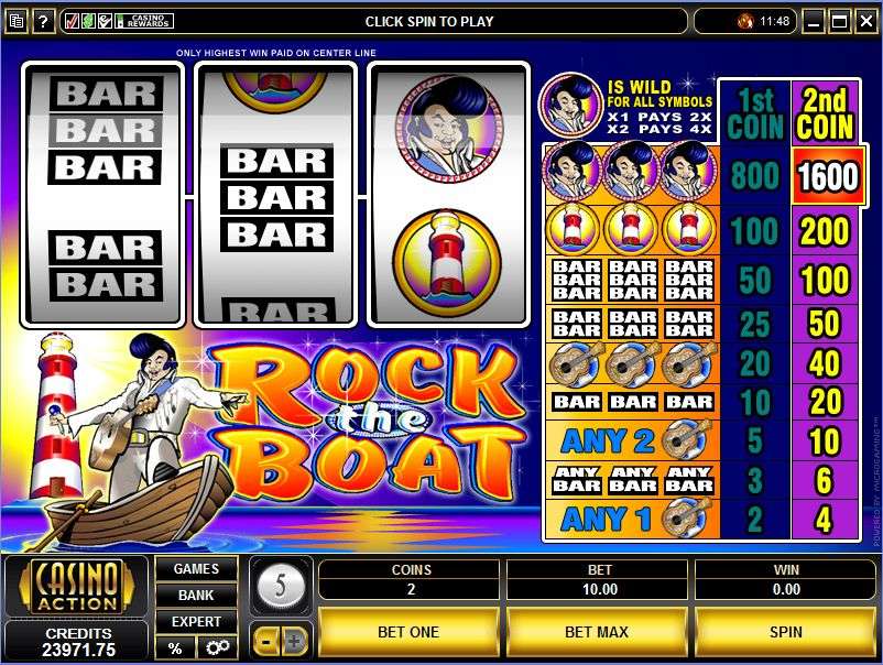 Rock the Boat paytable showing two coins selected at coin value five and a ten-unit bet
