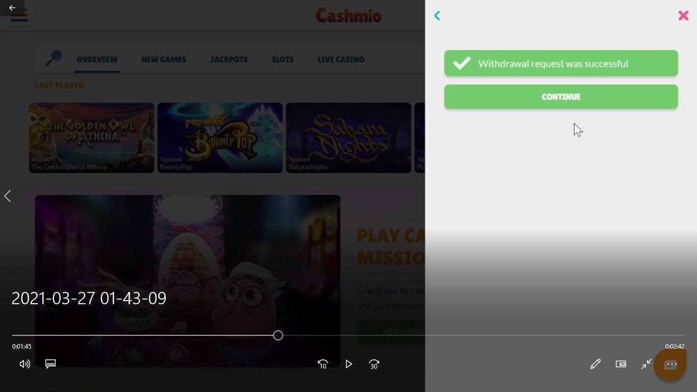 Cashmio Casino_Bevestiging van uitbetalingsverzoek