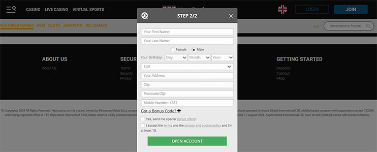 NextCasino-registration-form