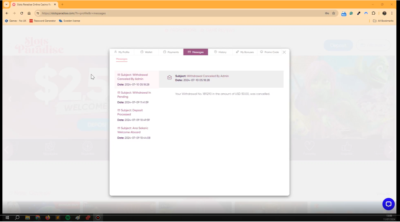 SlotsParadise casino withdrawal cancelled 
