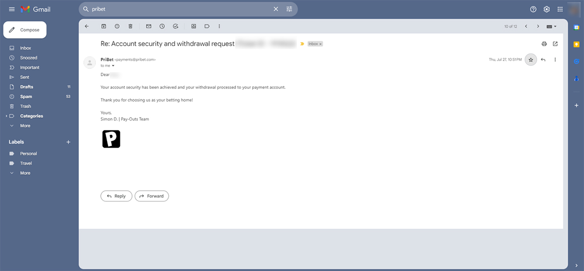 Pribet-Casino-withdrawal-mail