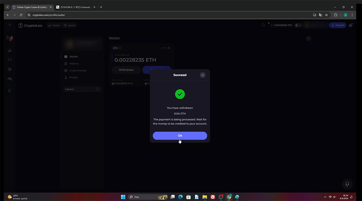 Cryptoleo-casino-withdrawal-successful