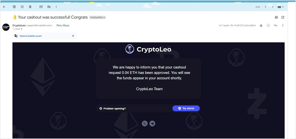 Cryptoleo-casino-withdrawal-successful-mail