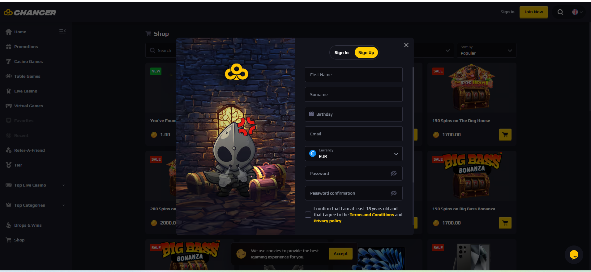 Chancer Casino registration form