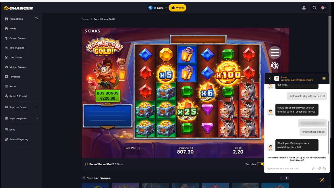 Chancer Casino bonus on balance