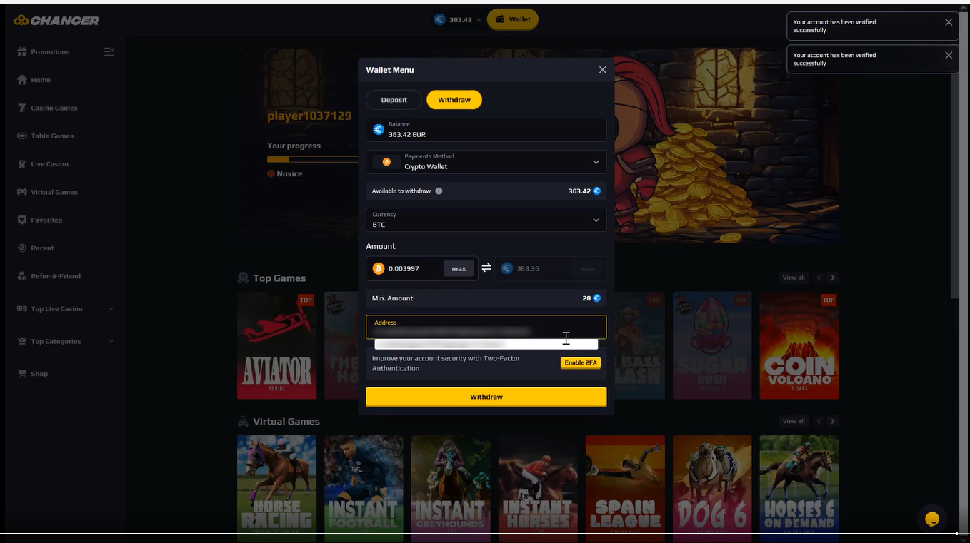Chancer Casino withdrawal amount