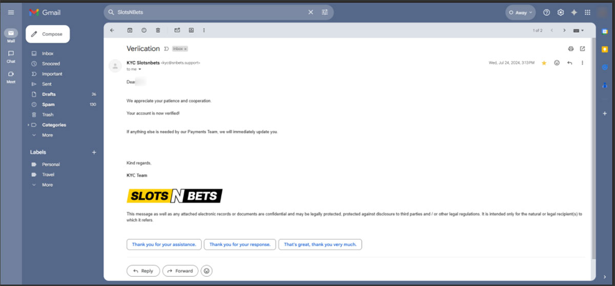 SlotsnBets-Casino-id-verification-successful-mail
