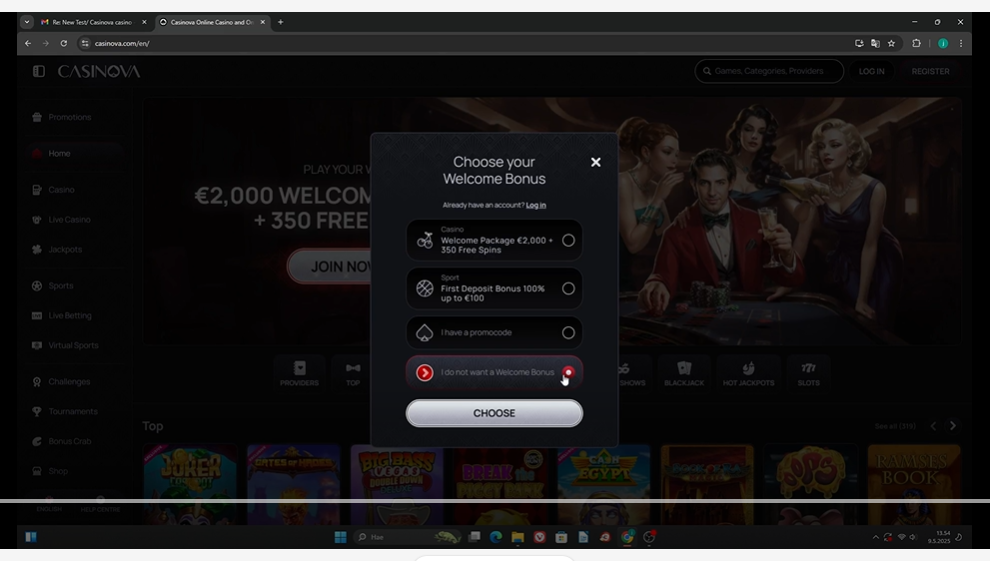Casinova casino registration form