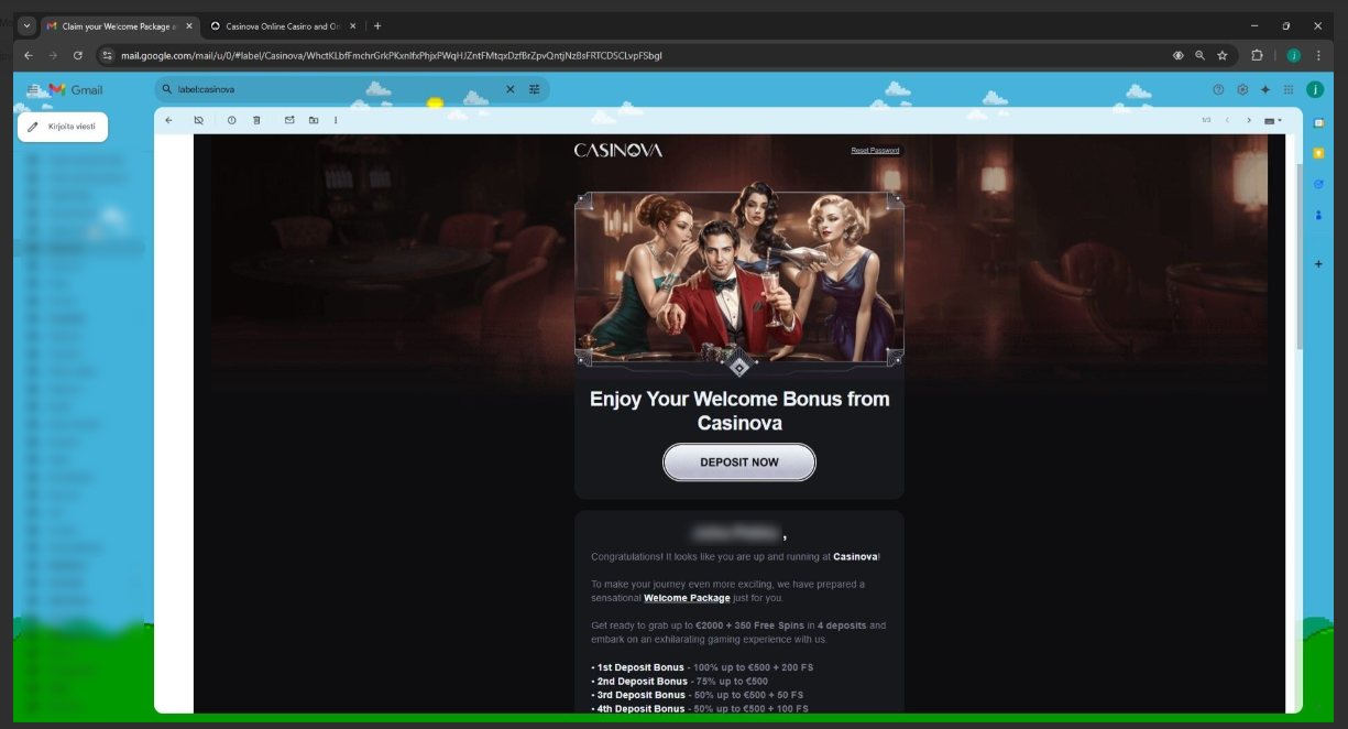 Casinova casino welcome mail