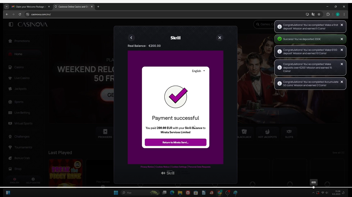 Casinova casino deposit amount