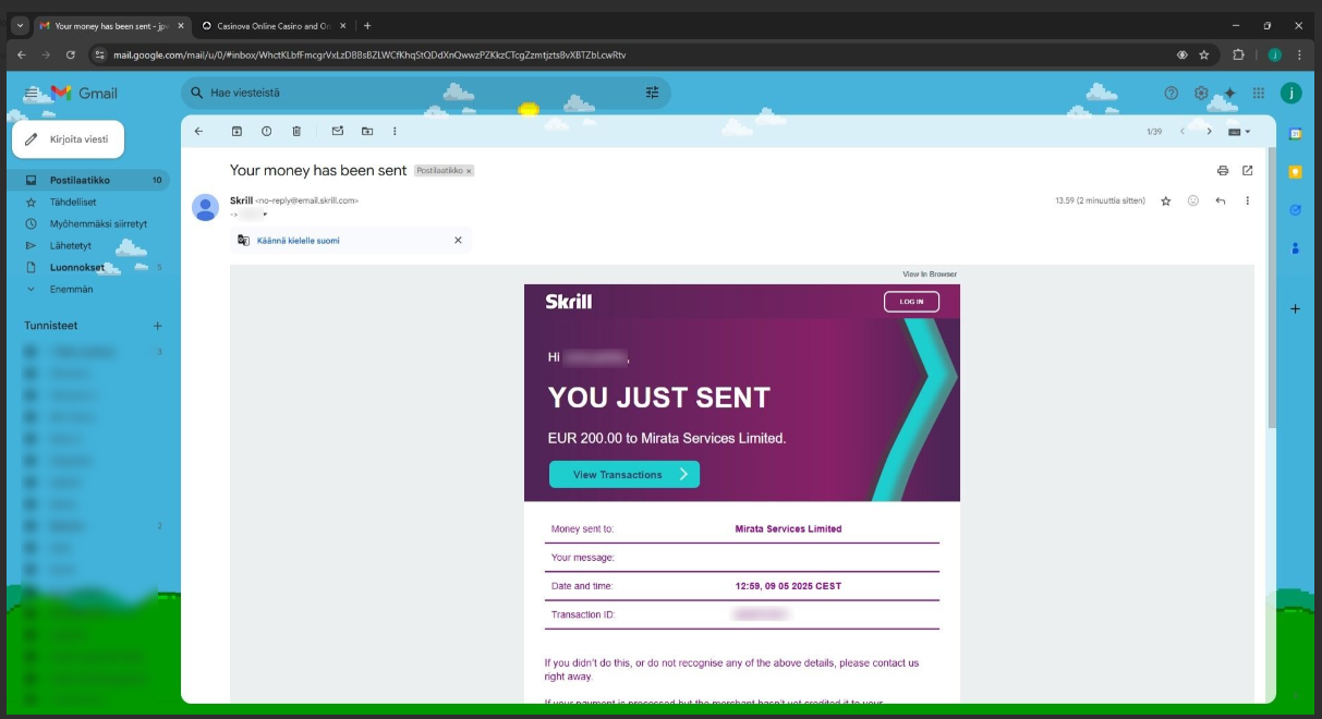 Casinova casino deposit confirmation mail