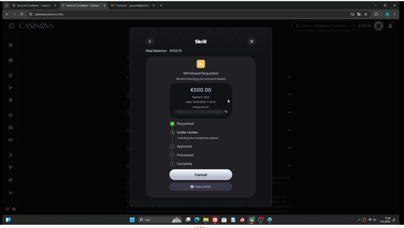 Casinova casino withdrawal request eur 500