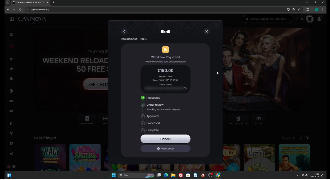 Casinova casino withdrawal request eur 150
