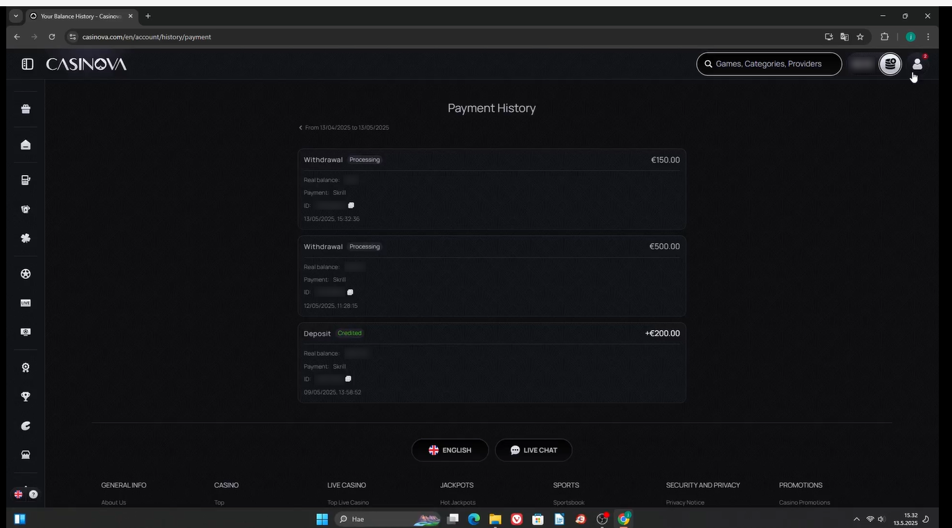 Casinova casino transactions in cashier