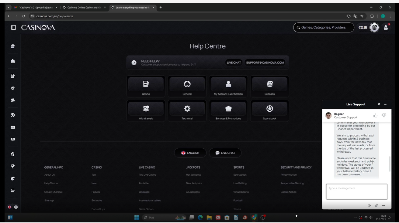 Casinova casino processing 3 days chat