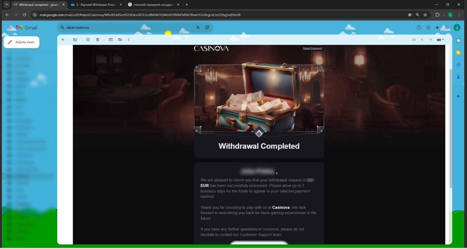 Casinova casino withdrawal 500 credited