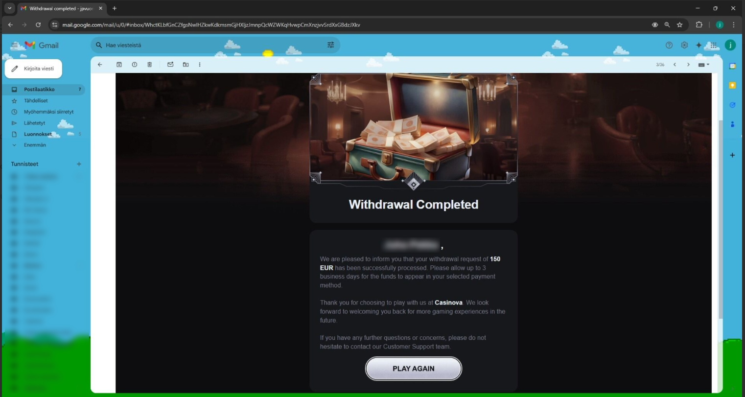 Casinova casino withdrawal 150 credited
