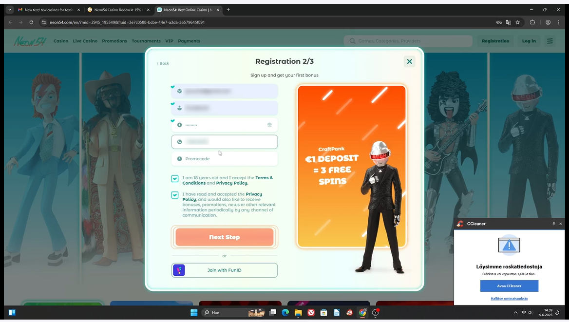 Neon54 Casino registration form