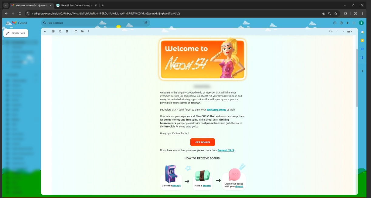 Neon54 Casino welcome mail