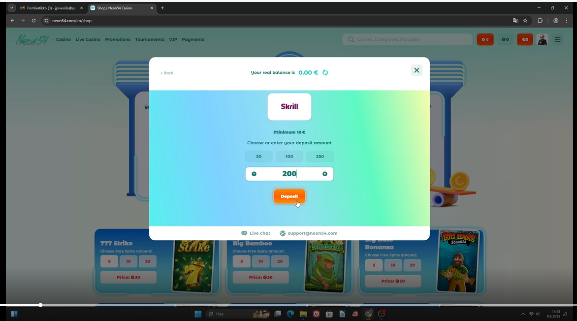 Neon54 Casino deposit amount