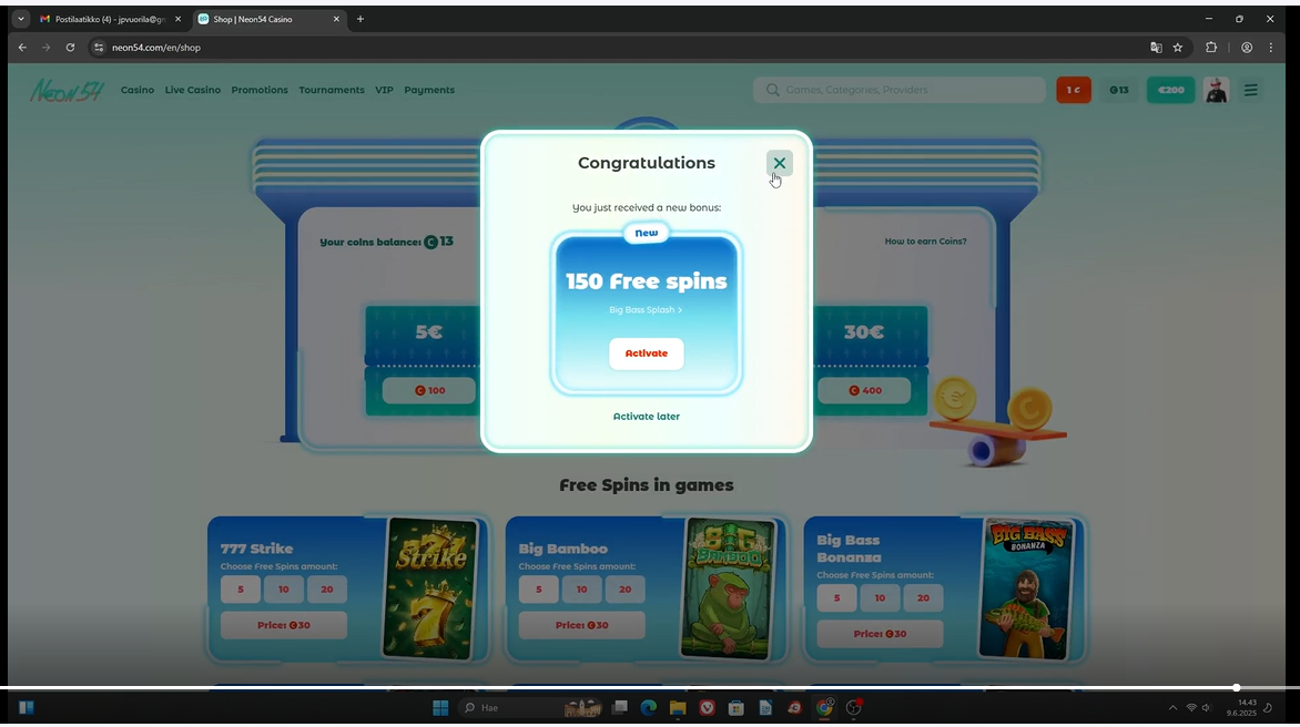 Neon54 Casino fs to be activated