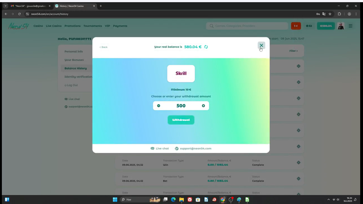Neon54 Casino first cashout request 500