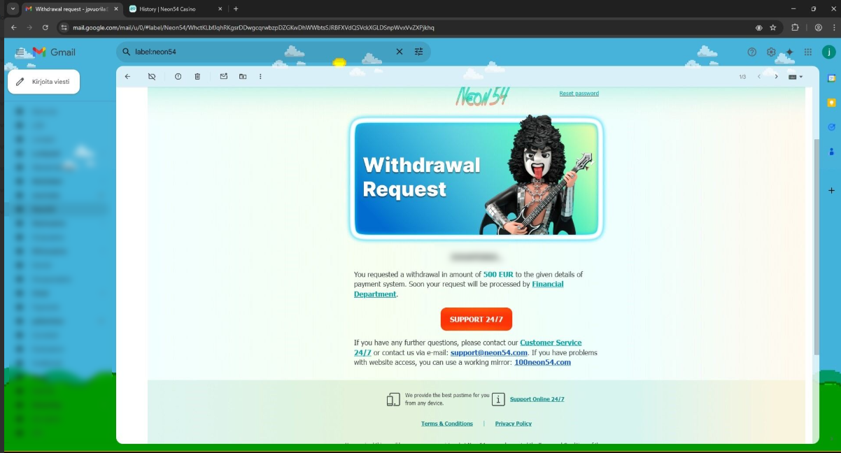 Neon54 Casino first withdrawal request mail