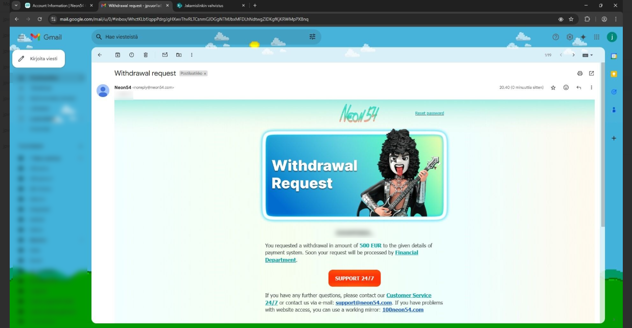 Neon54 Casino second withdrawal request mail