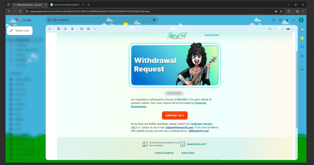 Neon54 Casino third withdrawal request mail