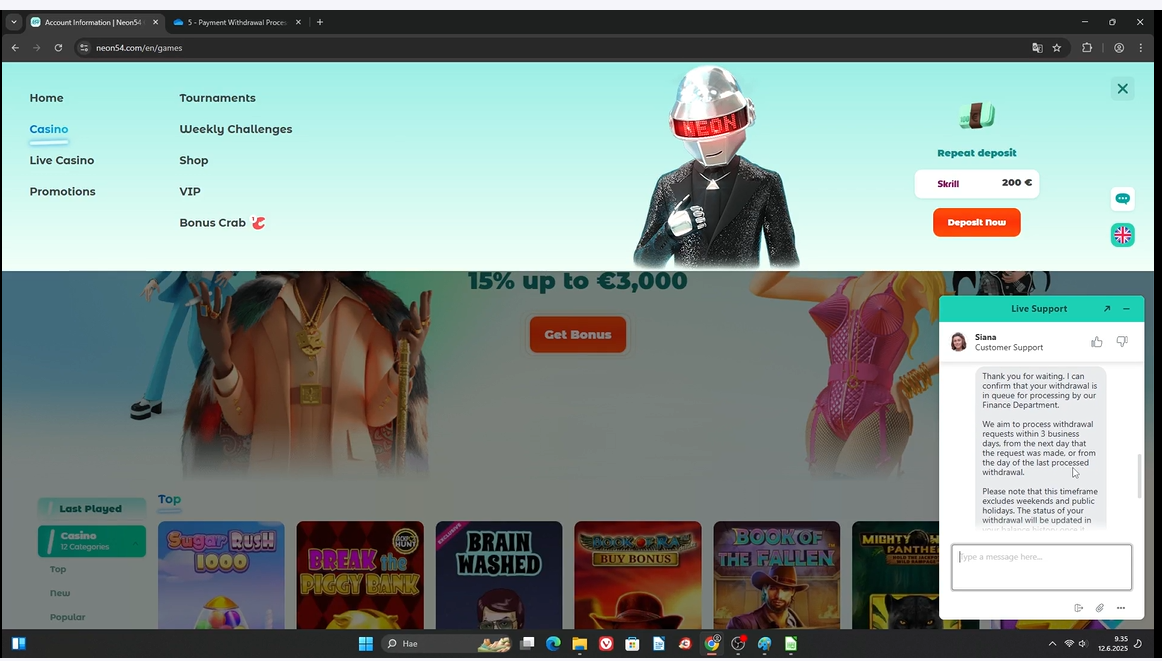 Neon54 Casino chat 3 days processing
