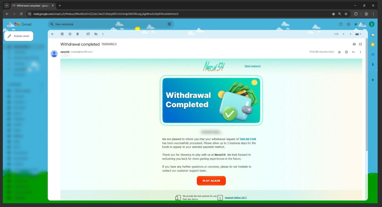 Neon54 Casino first withdrawal processed mail