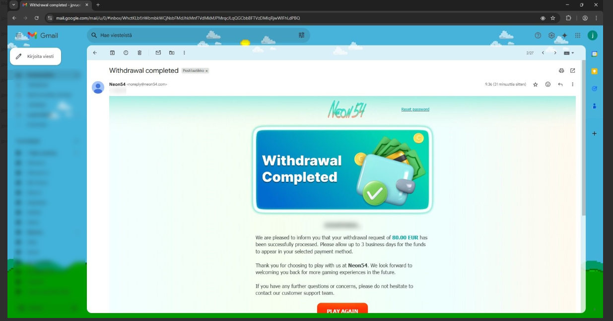 Neon54 Casino third withdrawal processed mail