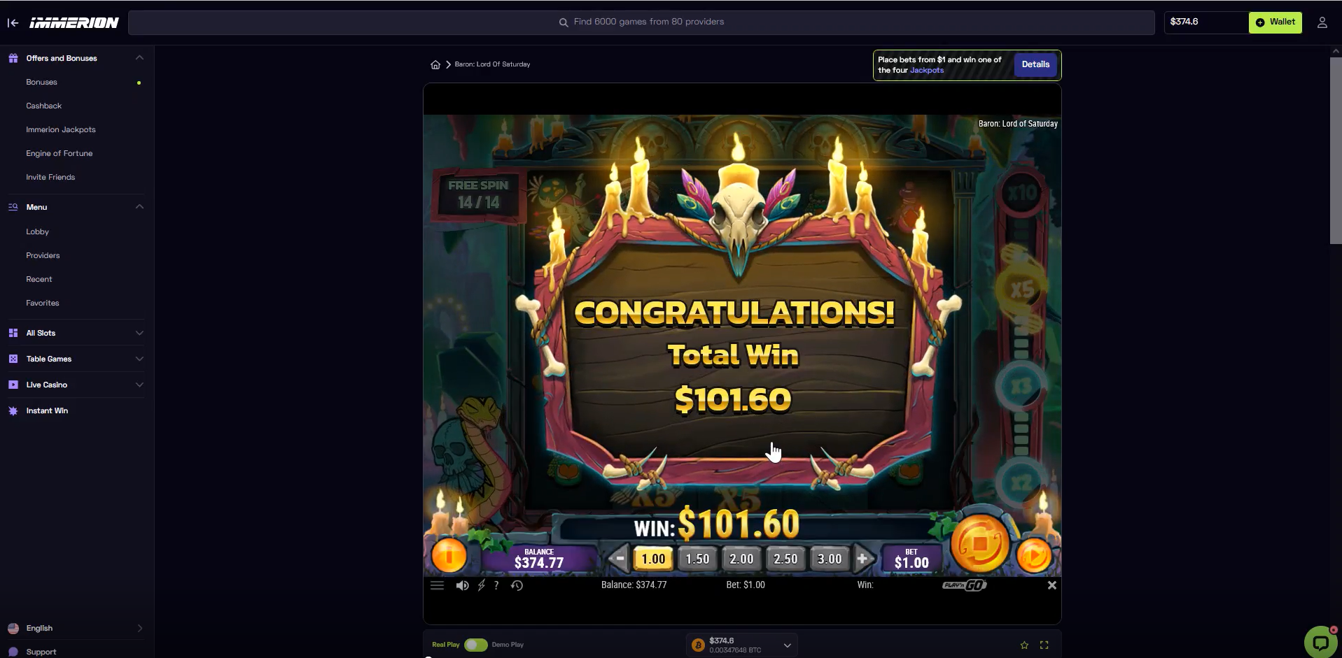 Baron Lord of Saturday Free Spins Total Win