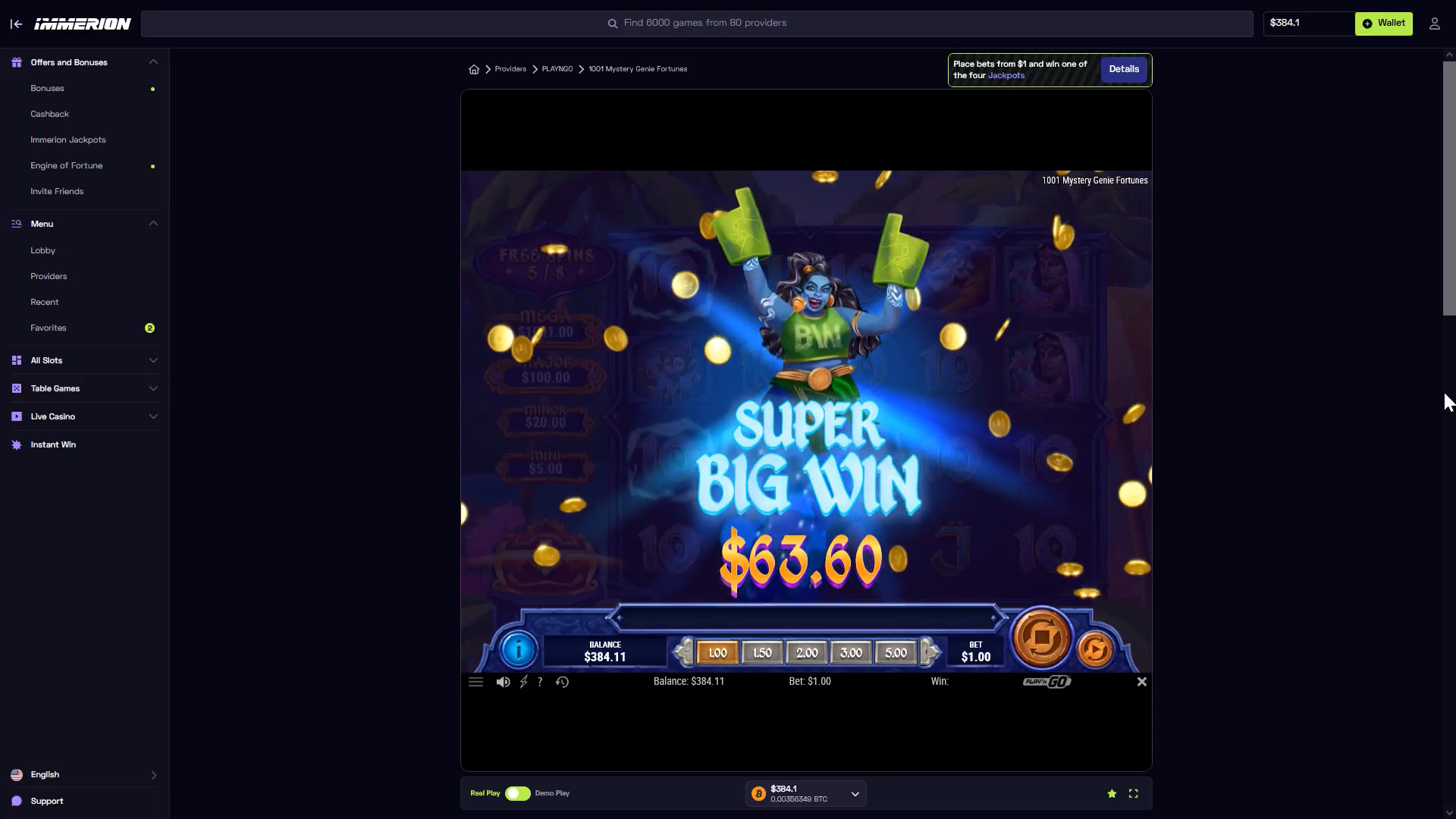 1001 Mystery Genie Fortunes Free Spins $63.60 Super Big Win