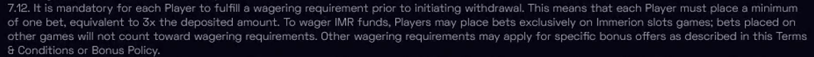 Immerion Casino Withdrawal Requirement