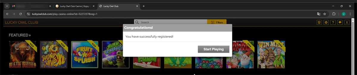 Lucky-Owl-Club-Casino-successful-registration