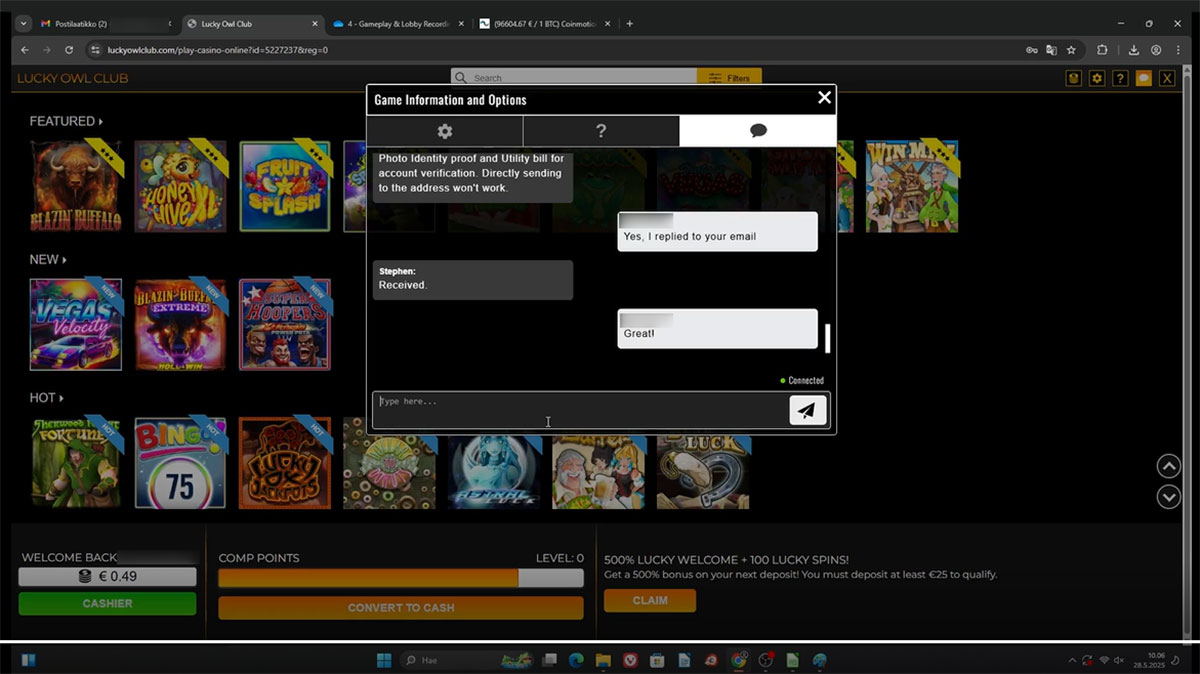 Lucky-Owl-Club-Casino-mails-with-docs-received